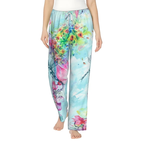 Bingfone Pajamas For Women,Dragonfly Floral Pajama Pants With Pockets-X-Large