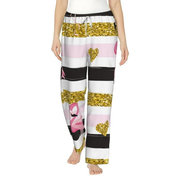 Bingfone Pajamas For Women,Gold Glittering Hearts And Flamingos Pajama Pants With Pockets-Small