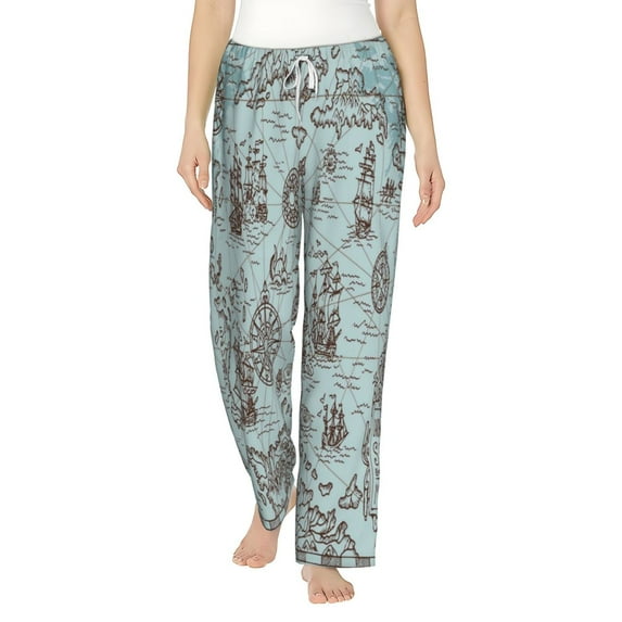 Bingfone Pajamas For Women,Pirate Adventure Map Pajama Pants With Pockets-X-Large