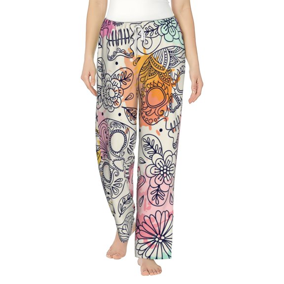 Bingfone Pajamas For Women,Skull And Flowers Pajama Pants With Pockets-Medium