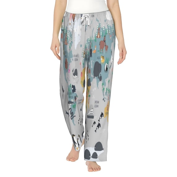 Bingfone Pajamas For Women,The World Map With Cartoon Animals Pajama Pants With Pockets-Large