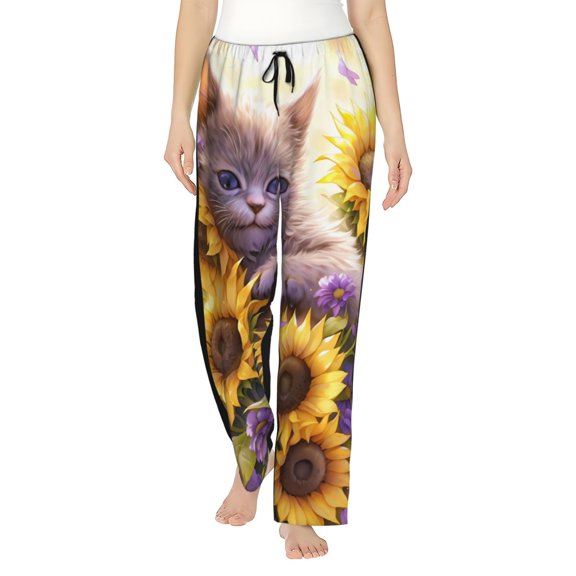 Bingfone Pajamas for Women,Daisy Sunflower Lazy Cat Pajama Pants with Pockets-Large