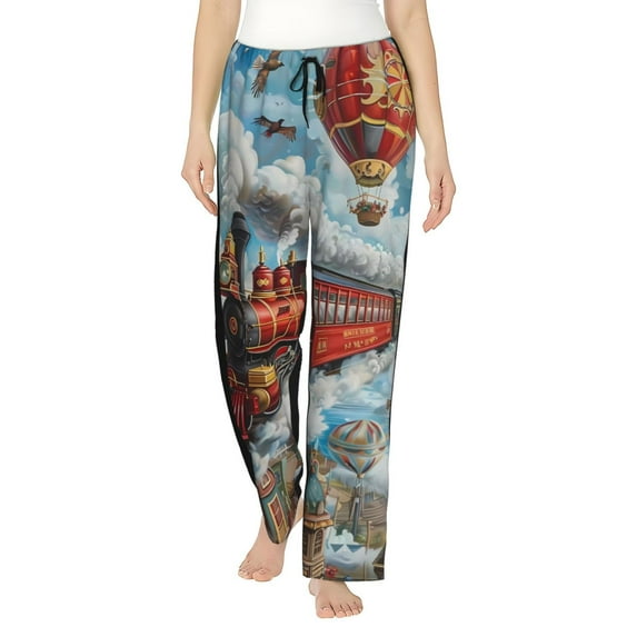 Bingfone Pajamas for Women,Red Train Hot Air Balloon Pajama Pants with Pockets-Medium