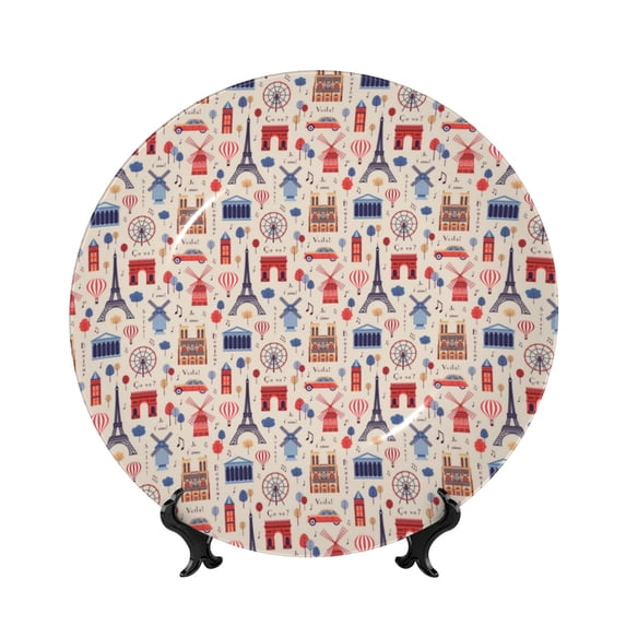 Bingfone Paris Print Bone China Dinner Decorative Plates,Handmade Ceramic Dinner Plate with Stand for Home Club-10in