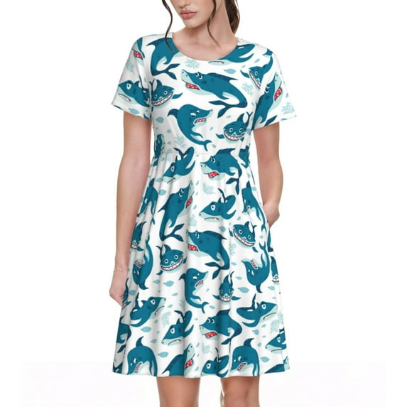 Bingfone Party Shark Cute Print Women’s Short Sleeve Dress, Comfortable Casual Dress, Stylish Summer Dress with Stretchy Fit for Daily Wear