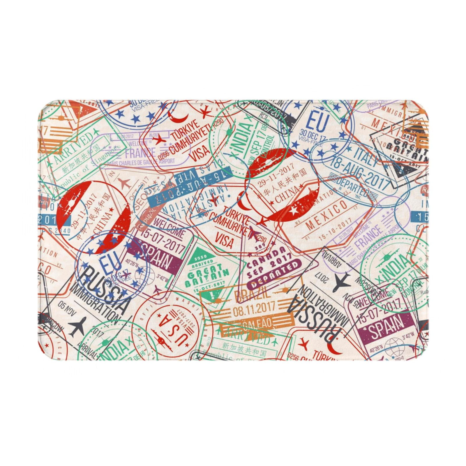 Bingfone Passport Stamp Door Mat 16"X24" Front Entrance NonSlip Low