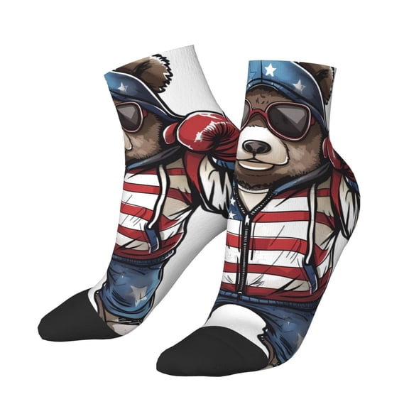 Bingfone Patriotic Boxing Bear Art Design Patterned Men's Women's Casual Cotton Socks