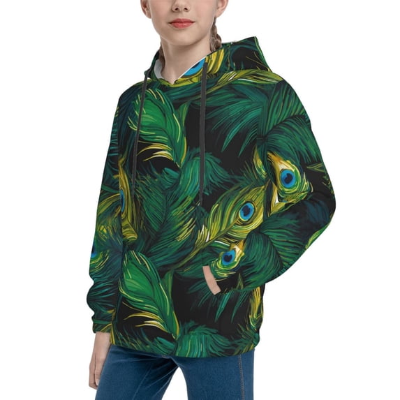 Bingfone Peacock Feathers2 Pattern Youth Classic Hoodies Soft Hooded Pullover Sweatshirts for Girls and Boys