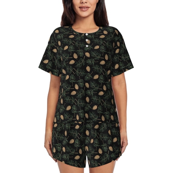 Bingfone Pine Cone Woodland Pattern Print Pajamas Sets for Women Soft Short-Sleeved Pjs with Lounge Shorts Two Piece Sleepwear