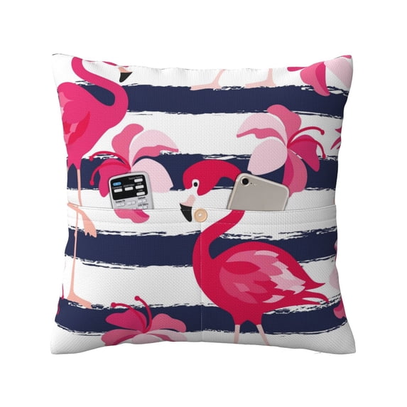 Bingfone Pink Flamingos Linen Throw Pillow Covers Cushion Case Pocket Button Vintage Farmhouse Pillowcase for Sofa Couch Bed 18"x18"