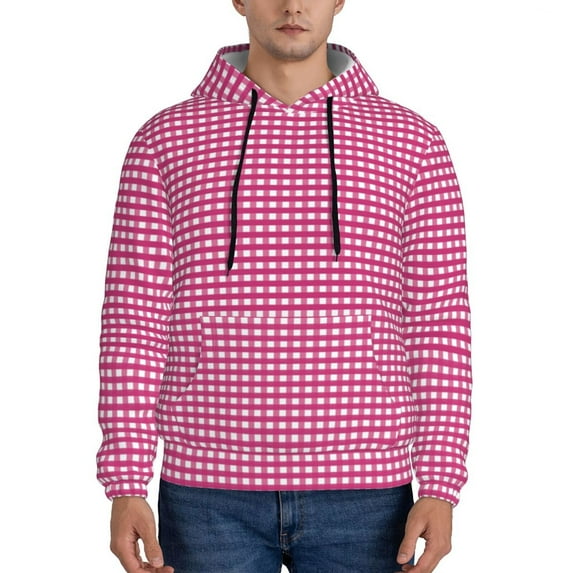 Bingfone Pink Gingham Men'S Drawstring Hoodie Long Sleeve Pocket Sweatshirts-X-Large