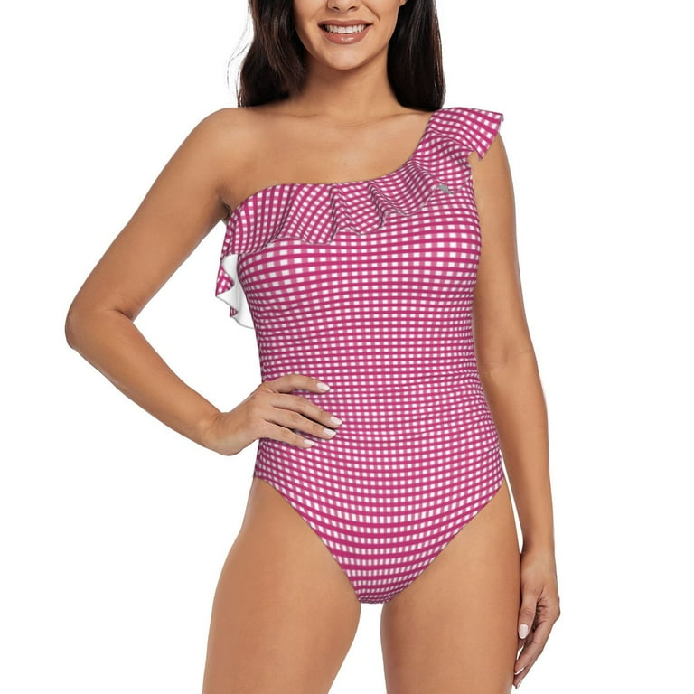 Bingfone Pink Gingham Print Womens One Piece Swimsuits One Shoulder Ruffle Bathing Suits Small