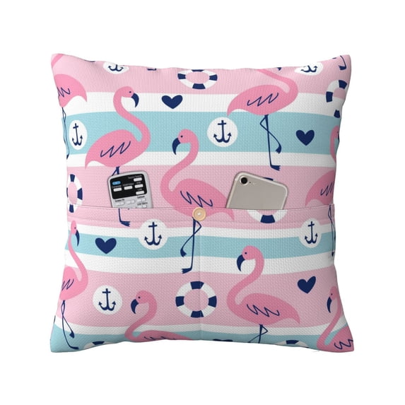 Bingfone Pink Striped Flamingo Linen Throw Pillow Covers Cushion Case Pocket Button Vintage Farmhouse Pillowcase for Sofa Couch Bed 16"x16"