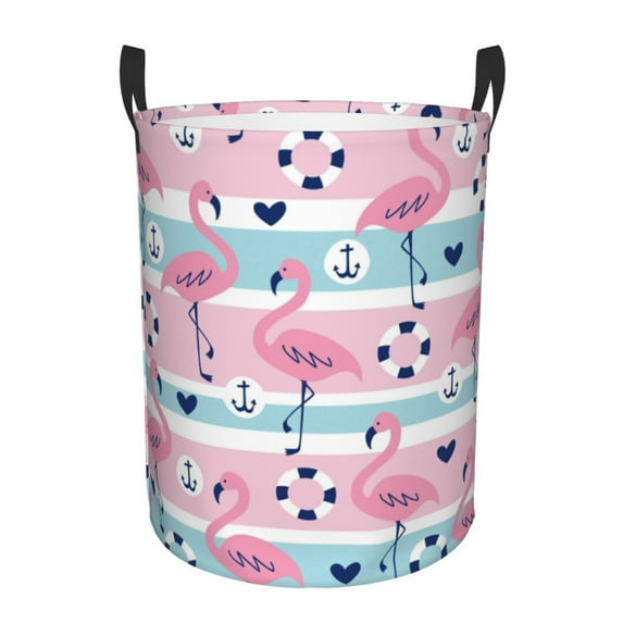 Bingfone Pink Striped Flamingo Waterproof Foldable Laundry Hamper Bucket With Handles For Storage Bin,Clothes Hamper (Medium)