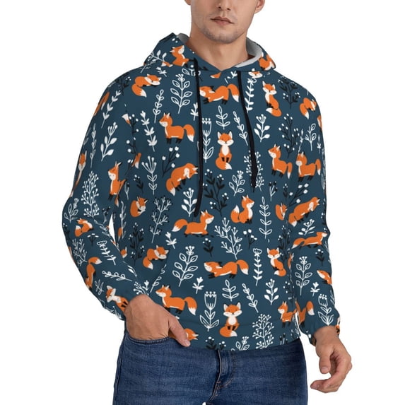 Bingfone Playful Foxes Forest Blues Men's Drawstring Hoodie Long Sleeve Pocket Sweatshirts-Large