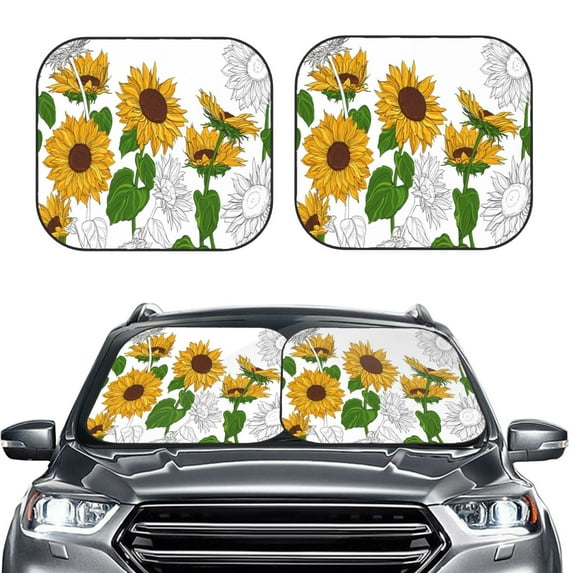 Bingfone Plump Sunflower And Sketch Print 2-Piece Sun Shade Front Windshield - Foldable Car Front Window Sunshades For Most Sedans Suv Truck - Large