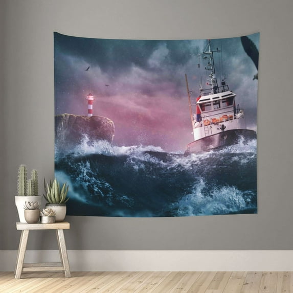 Bingfone Polyester Fabric Tapestry Boat Lighthouse Storm Waves Wall Hanging Tapestry,Daily Decorative Tapestry For Bedroom Living Room Dorm 60l X 51w Inches