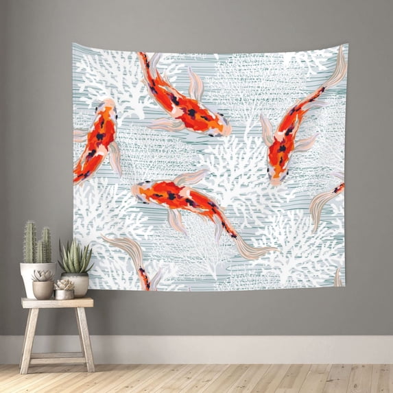 Bingfone Polyester Fabric Tapestry Koi Fish Corals,Spring Summer Wall Hanging Tapestry,Daily Decorative Tapestry For Bedroom Living Room Dorm 60l X 51w Inches