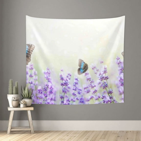 Bingfone Polyester Fabric Tapestry Lavender And Butterfly Wall Hanging Tapestry,Daily Decorative Tapestry For Bedroom Living Room Dorm 60l X 51w Inches