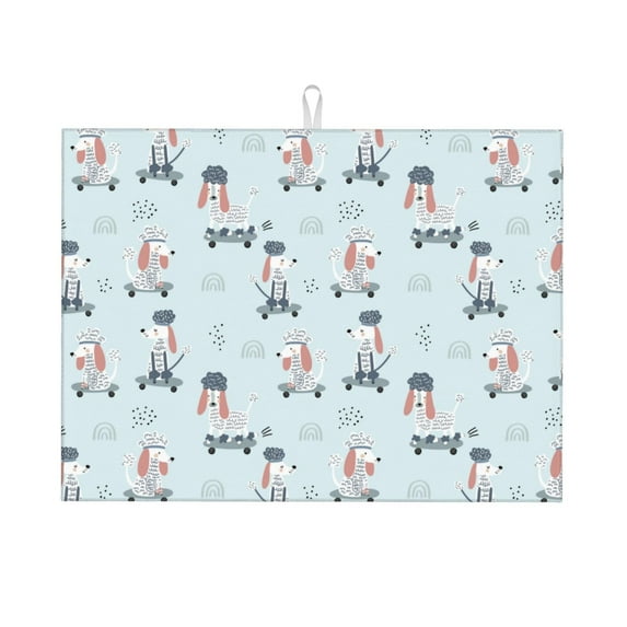 Bingfone Poodle Playing Skateboard ,18" x 24"Dish Drying Mat for Kitchen Counter,Ultra Absorbent Microfiber