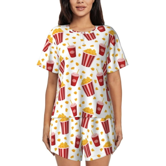Bingfone Popcorn Print Pajamas Sets for Women Soft Short-Sleeved Pjs with Lounge Shorts Two Piece Sleepwear