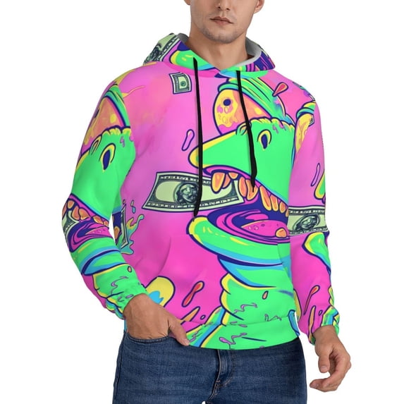 Bingfone Psychedelic Cartoon Frog Men's Drawstring Hoodie Long Sleeve Pocket Sweatshirts-Large