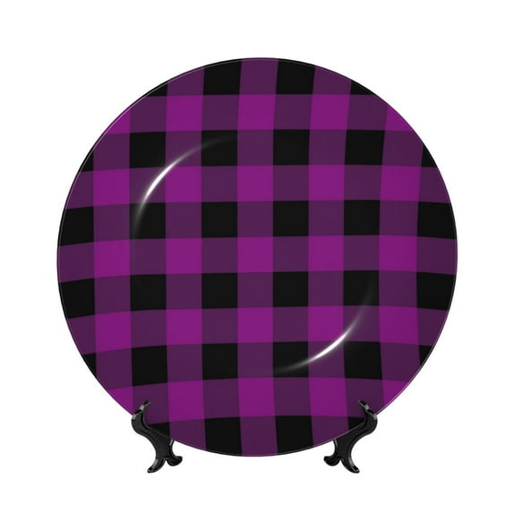 Bingfone Purple Black Plaid Print Bone China Dinner Decorative Plates,Handmade Ceramic Dinner Plate with Stand for Home Club-10in