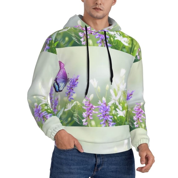 Bingfone Purple Butterfly On Wild Men's Drawstring Hoodie Long Sleeve Pocket Sweatshirts-Large