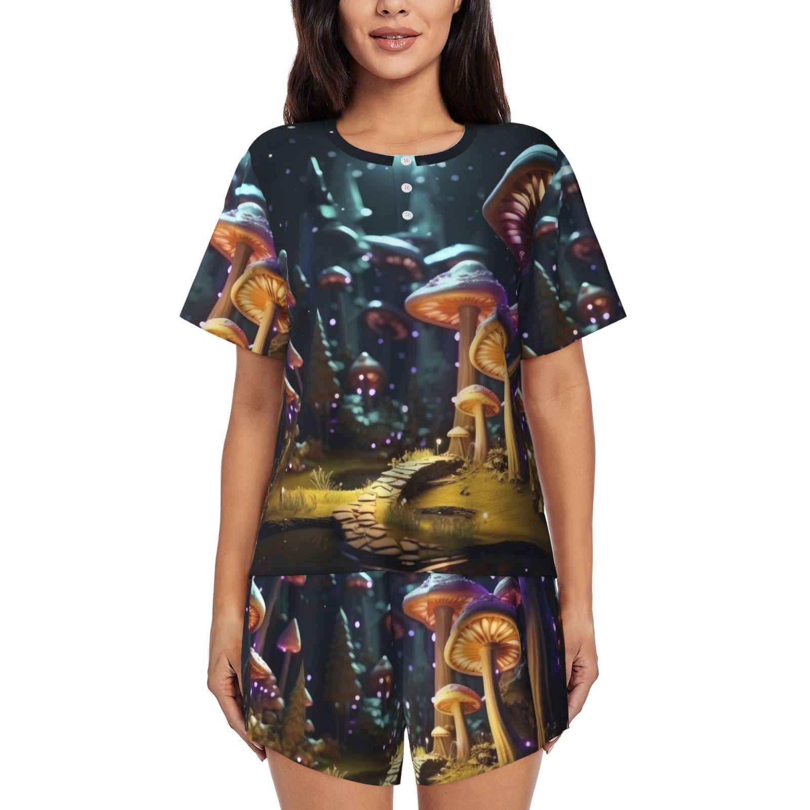 Bingfone Purple Glowing Mushroom Print Pajamas Sets for Women Soft ...
