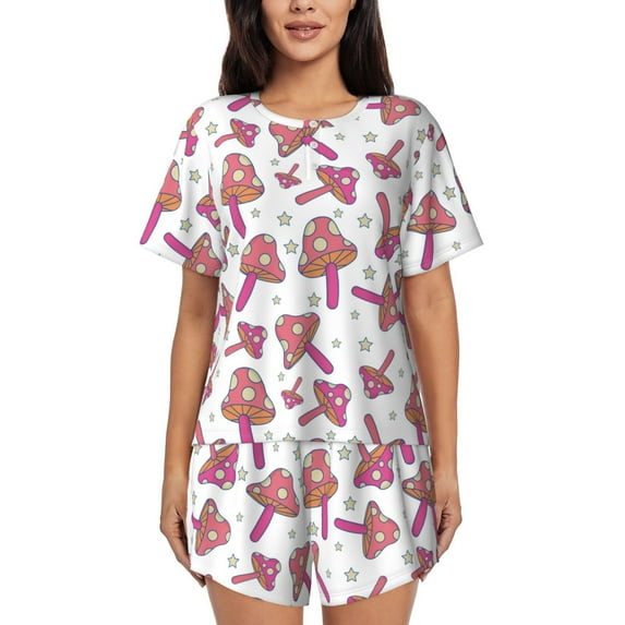 Bingfone Purple Mushroom Print Pajamas Sets for Women Soft Short-Sleeved Pjs with Lounge Shorts Two Piece Sleepwear
