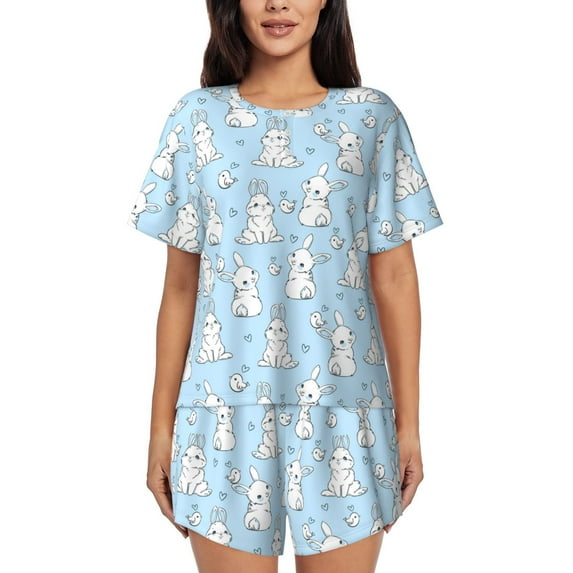 Bingfone Rabbit And Bird Print Pajamas Sets for Women Soft Short-Sleeved Pjs with Lounge Shorts Two Piece Sleepwear
