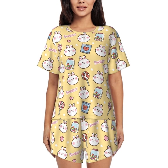 Bingfone Rabbit And Candy Print Pajamas Sets for Women Soft Short-Sleeved Pjs with Lounge Shorts Two Piece Sleepwear