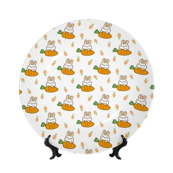Bingfone Rabbit And Carrot Print Bone China Dinner Decorative Plates,Handmade Ceramic Dinner Plate with Stand for Home Club-7in