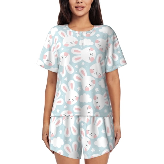 Bingfone Rabbit And Star Print Pajamas Sets for Women Soft Short-Sleeved Pjs with Lounge Shorts Two Piece Sleepwear