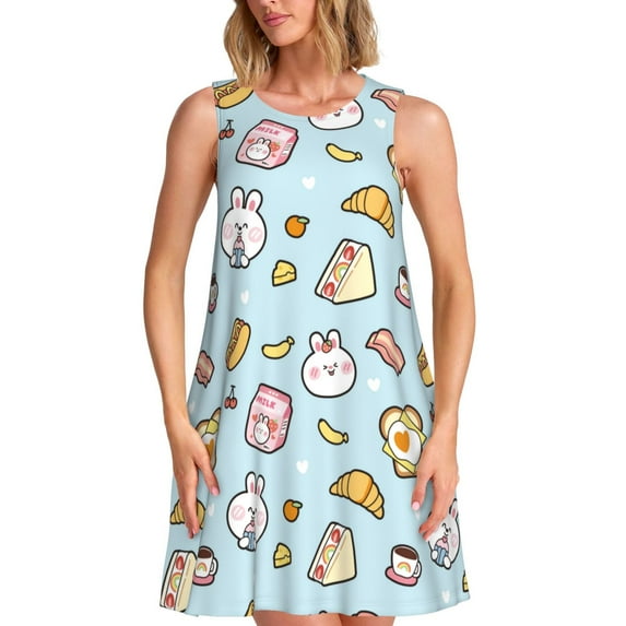 Bingfone Rabbit Burger Coffee Print Women's Sleeveless Dress, Loose Fit Summer Casual Dress, Comfortable and Lightweight Dress for Daily Wear