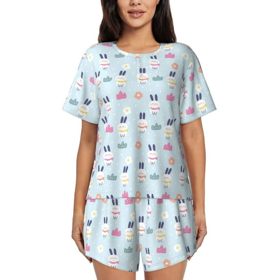 Bingfone Rabbit In The Rain Print Pajamas Sets for Women Soft Short-Sleeved Pjs with Lounge Shorts Two Piece Sleepwear