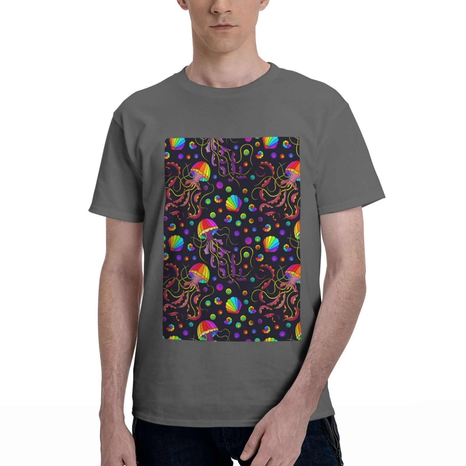Bingfone Rainbow Jellyfishes Men'S Loose Fit Short-Sleeve Pocket T-Shirt