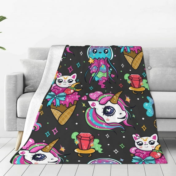 Bingfone Rainbow Unicorn And Cat Icecream Print Flannel Fleece Blanket Throw Blanket For Bed,Sofa,Couch,Travel,Camping(40"X30")