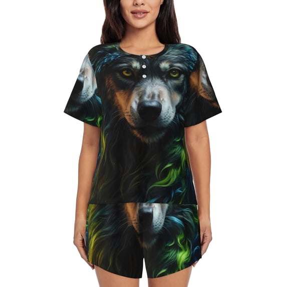 Bingfone Realistic Style Colorful Wolf A Print Pajamas Sets for Women Soft Short-Sleeved Pjs with Lounge Shorts Two Piece Sleepwear