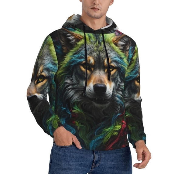 Bingfone Realistic Style Colorful Wolf Men's Drawstring Hoodie Long Sleeve Pocket Sweatshirts-X-Large