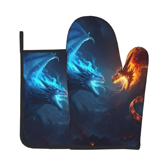 Bingfone Red And Blue Fire Dragon C Print Oven Mitts Pot Holders Set 2 PCS for Kitchen for Cooking Grilling Baking BBQ Pot Holders Cook Essentials