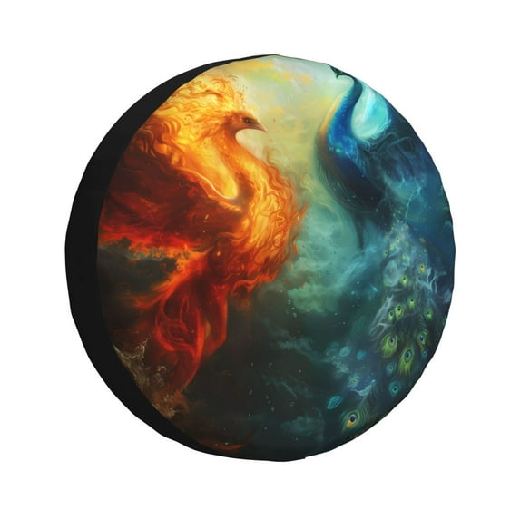 Bingfone Red And Blue Fire Peacock Spare Tire Cover Weatherproof Universal Wheel Protectors for RV Camper Travel Trailer SUV Truck-15 inch