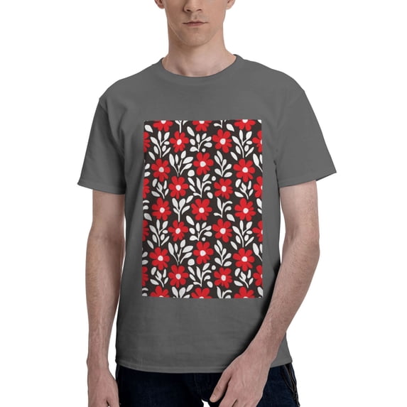 Bingfone Red Floral Men'S Loose Fit Short-Sleeve Pocket T-Shirt