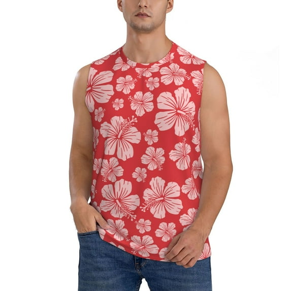 Bingfone Red Hibiscus Flower Pattern Men's Tank Tops Workout Sleeveless Tee Shirts Running Beach Tanks for Men-Medium