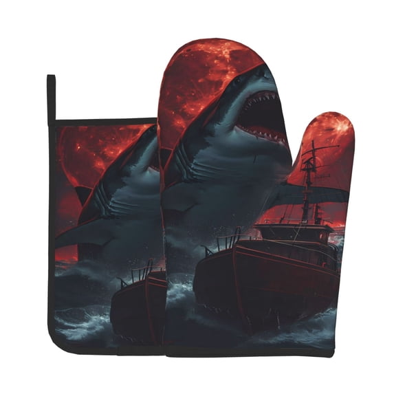 Bingfone Red Moon Shark Sailboat Print Oven Mitts Pot Holders Set 2 PCS for Kitchen for Cooking Grilling Baking BBQ Pot Holders Cook Essentials