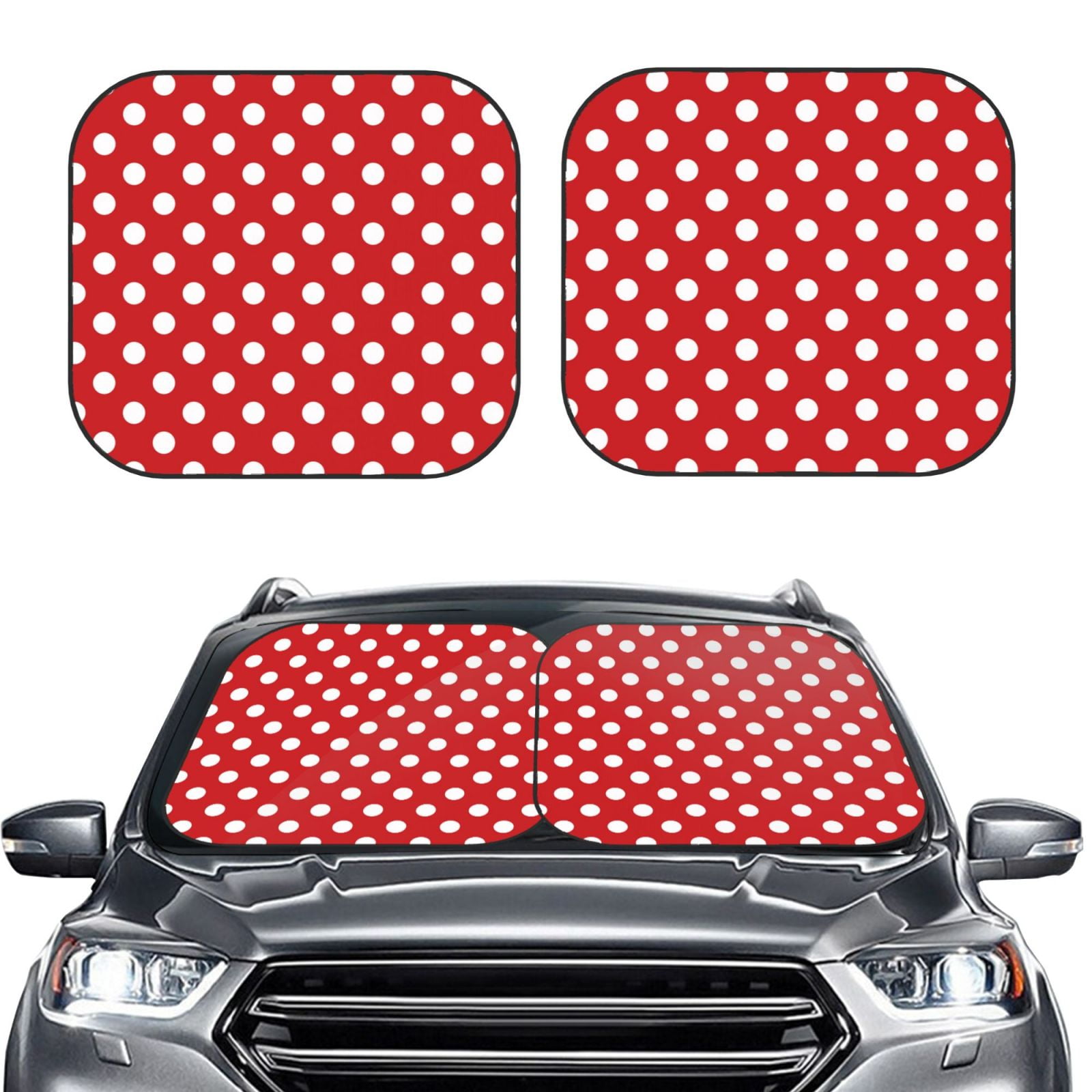 Bingfone Red Polka Dot Windshield Sun Shade 2Piece Foldable Car Front Window Sunshade For Most