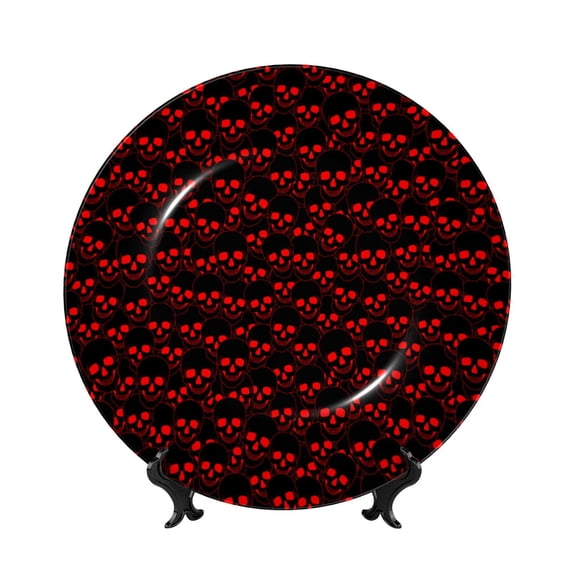 Bingfone Red Skulls 4 Print Bone China Dinner Decorative Plates,Handmade Ceramic Dinner Plate with Stand for Home Club-7in