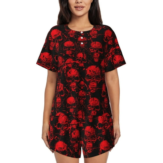 Bingfone Red Skulls Print Pajamas Sets for Women Soft Short-Sleeved Pjs with Lounge Shorts Two Piece Sleepwear