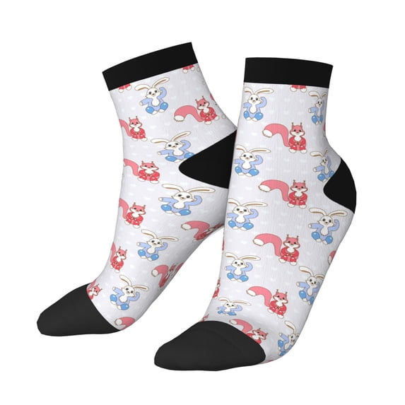 Bingfone Red Squirrel And Blue Rabbit Design Patterned Men's Women's Casual Cotton Socks