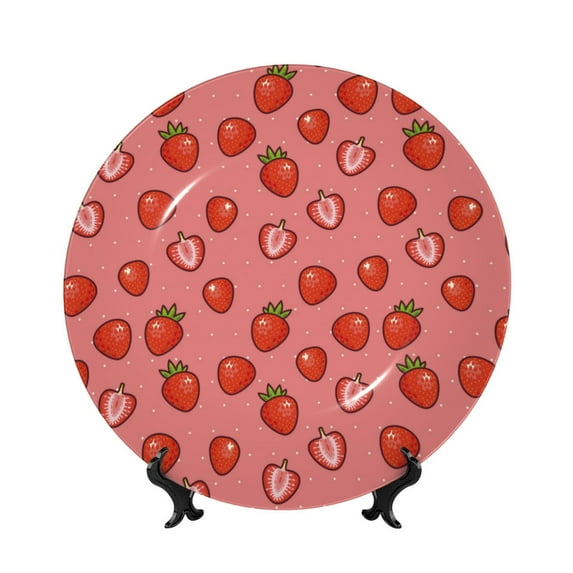 Bingfone Red Strawberry Print Bone China Dinner Decorative Plates,Handmade Ceramic Dinner Plate with Stand for Home Club-10in